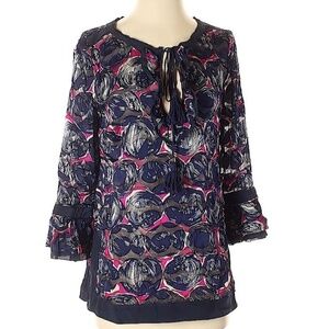 Tory Burch Navy Blue Pink Burnout Floral Print Ruffle Tunic Top Blouse Silk 4